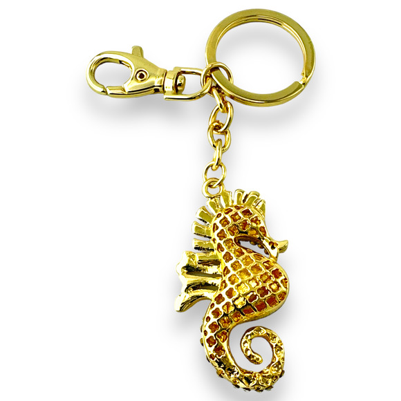 Seahorse Keychain, w/ Rhinestones Gold-tone Split Key Ring & Clip, w/ Gift Bag - Picture 4 of 4
